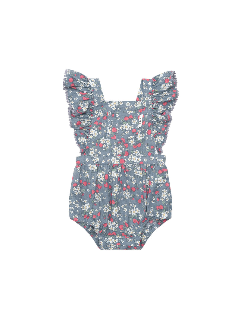 VINTAGE STRAWBERRY FRILL PLAYSUIT DUSTY BLUE