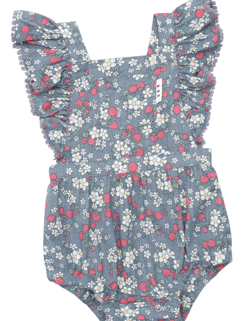 VINTAGE STRAWBERRY FRILL PLAYSUIT DUSTY BLUE