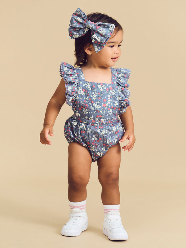 VINTAGE STRAWBERRY FRILL PLAYSUIT DUSTY BLUE