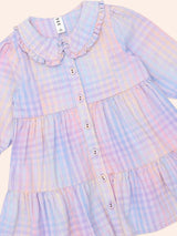 RAINBOW CHECK LONG SLEEVE FRILL DRESS