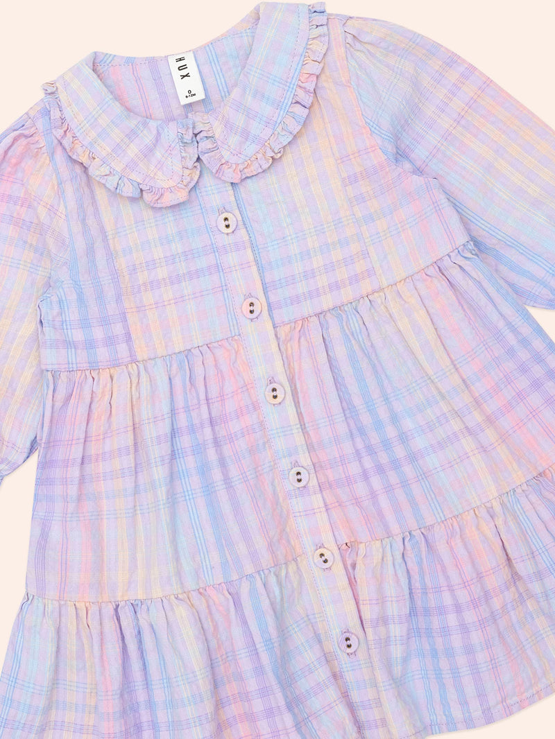 RAINBOW CHECK LONG SLEEVE FRILL DRESS