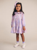 RAINBOW CHECK LONG SLEEVE FRILL DRESS