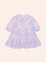 RAINBOW CHECK LONG SLEEVE FRILL DRESS