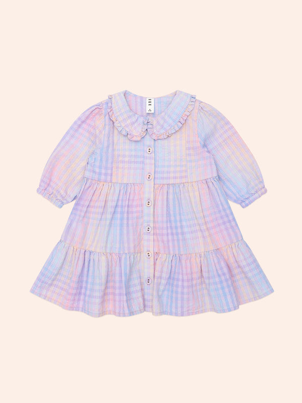 RAINBOW CHECK LONG SLEEVE FRILL DRESS