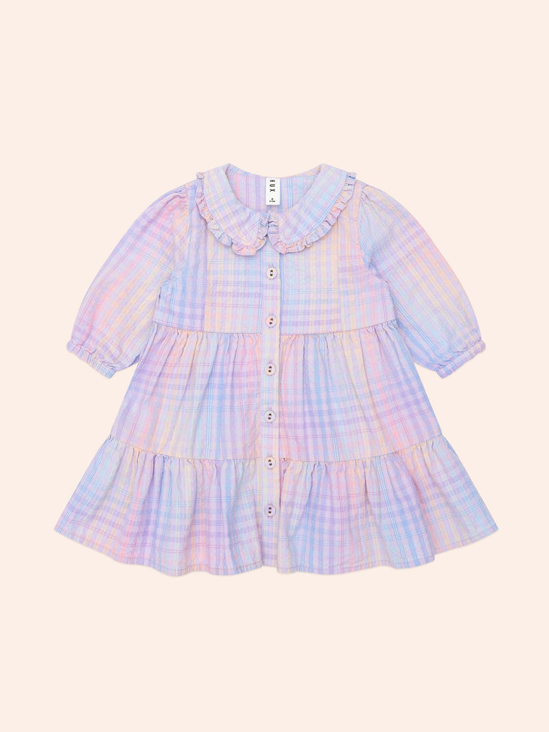 RAINBOW CHECK LONG SLEEVE FRILL DRESS