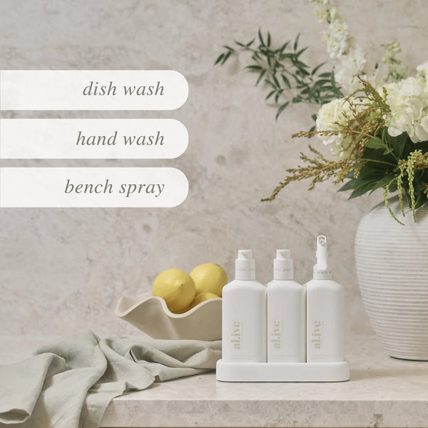 DISHWASHING LIQUID, HAND WASH & BENCH SPRAY + TRAY, PREMIUM KITCHEN TRIO m- kitchen trio - Lemon Myrtle & Honeydew