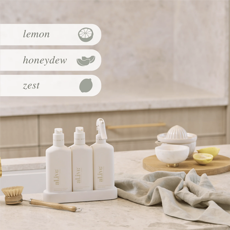 DISHWASHING LIQUID, HAND WASH & BENCH SPRAY + TRAY, PREMIUM KITCHEN TRIO m- kitchen trio - Lemon Myrtle & Honeydew