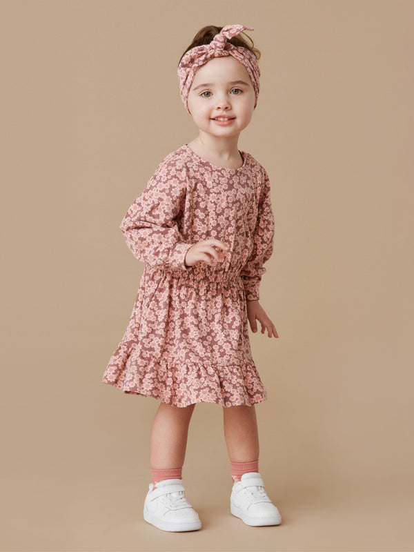 FLOWER BEAR DROP SHOULDER TUCK DRESS